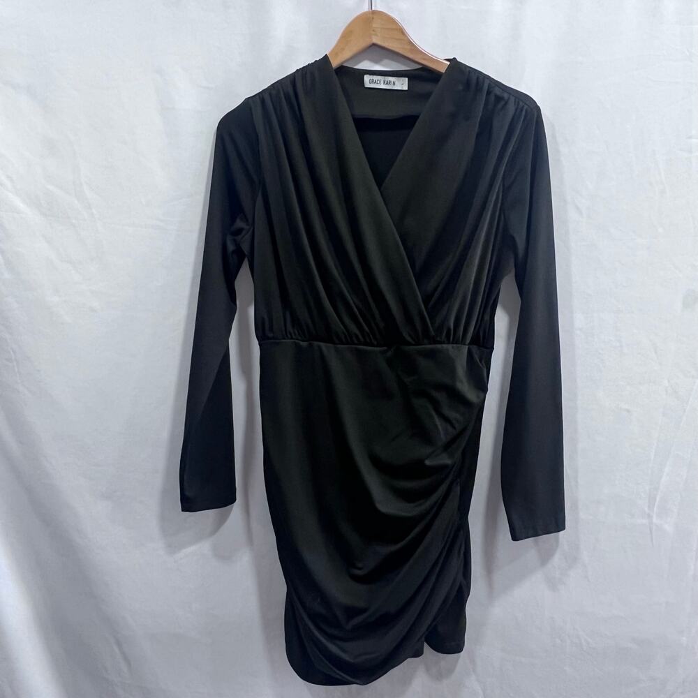 Grace Karin Women's Black Long-Sleeve Ruched Wrap Party Cocktail Mini Dress Lg